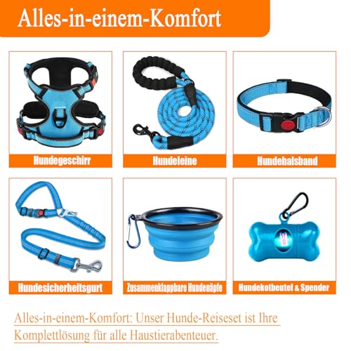 LOBEVE Anti-Zug Hundegeschirr Set mit Halsband & Leine | Inkl. Auto Sicherheitsgurt, Faltbare Näpfe & Kotbeutelspender | Für kleine bis große Hunde | Ideal für Spaziergänge, Training & Reisen