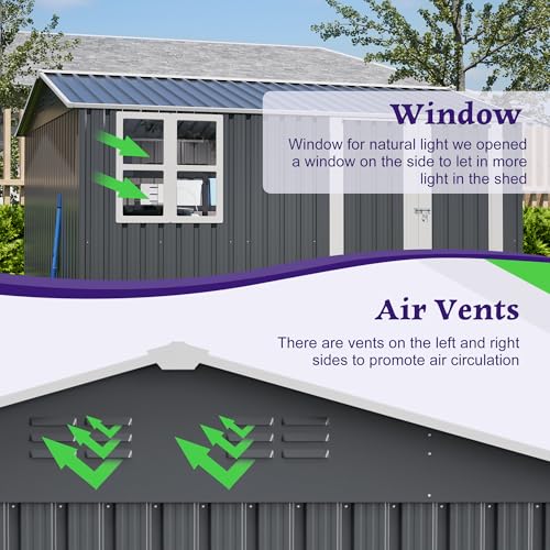 Image of YOPTO 10X8 FT Outdoor Storage Shed,Metal Shed W /Window,Floor Frame & Lockable Swing Door,Garden Tool House W / 4 Air Vents & Sloped Roof,for Backyard Patio Lawn,Gray