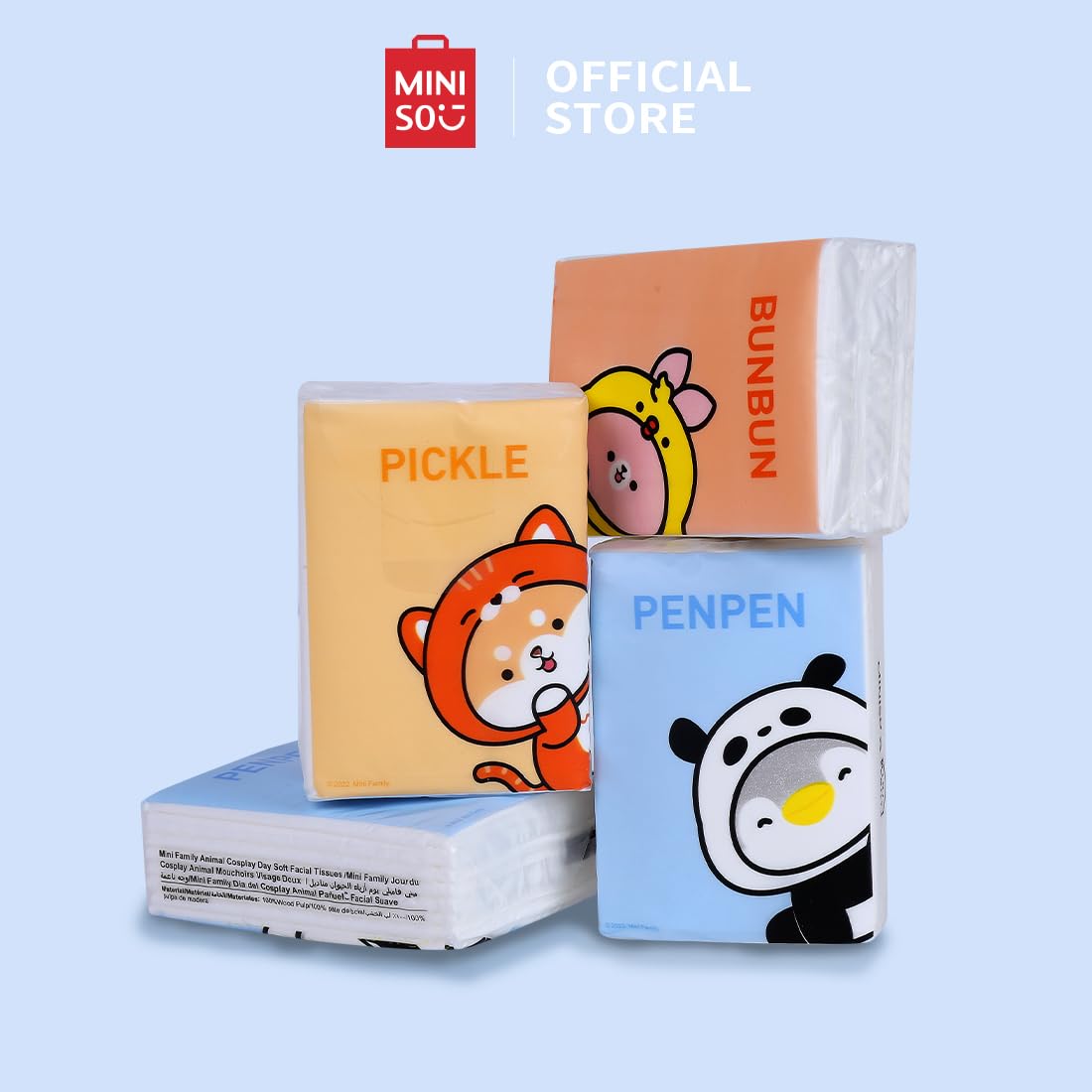 MINISO Upgraded 4 Ply Strength Pocket Tissues Packs, Skin-Friendly Soft Facial Tissues Papers, Napkins (96 Pcs, 12 x 8Pcs, Mini Family) - Image 3 thumbnail
