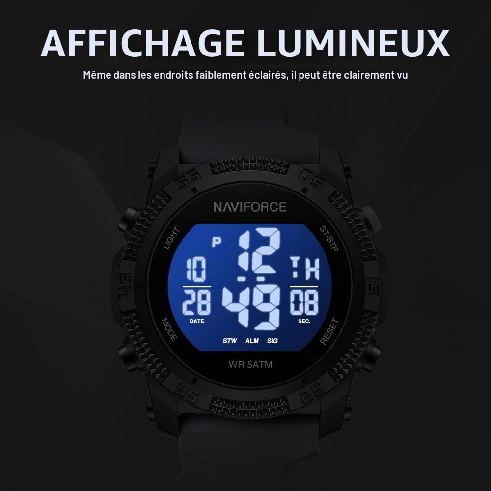 Naviforce Montres numériques de Sport étanches pour Hommes avec chronomètre, Alarme, Bracelet en Caoutchouc, Montre-Bracelet pour Femmes