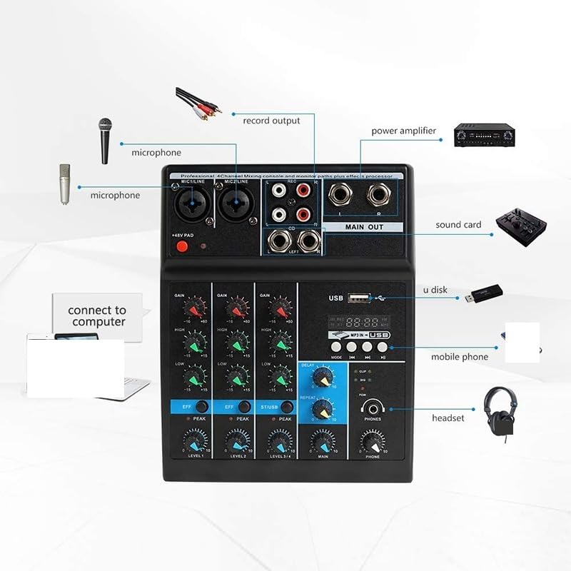Kontroler DJ-ski, Profesjonalny 4-kanałowy mikser Bluetooth z interfejsem konsoli miksującej dźwięk USB