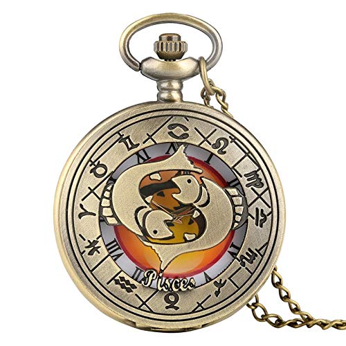 WOAIXI Montre De Poche Vintage,Rétro Zodiac Pattern Pocket Watch Modern Necklace Chain Copper Twelve Constellation Poissons Pendentif Birthday Clock for Men Women Cadeaux