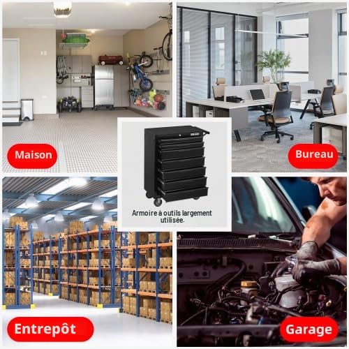 Servante d'atelier avec 7 tiroirs | Servante à outils à fermeture centrale et roulettes robustes | Caisson à roulettes noir tiroirs à roulement à billes | Armoire à tiroirs pour garage et