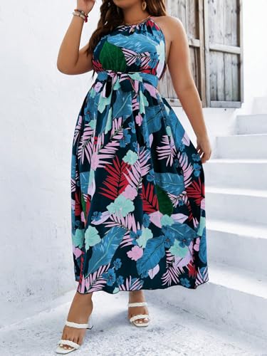 Image of Floerns Women's Plus Size Boho Sleeveless Halter Neck Tie Back A Line Long Dress