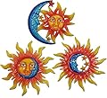 3 Pack Metal Sun Outdoor Wall Art Decor with Moon & Stars, Sun Face Metal Wall Sculpture for Indoor Living Room, Bedroom Outdoor Patio Garden Fence Deck Yard Pool Decoration