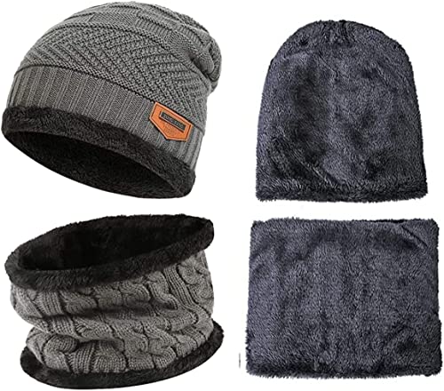 Conjunto de 2 peças de gorro touca masculino de inverno, gorro quente com gorro e cachecol (CINZA)