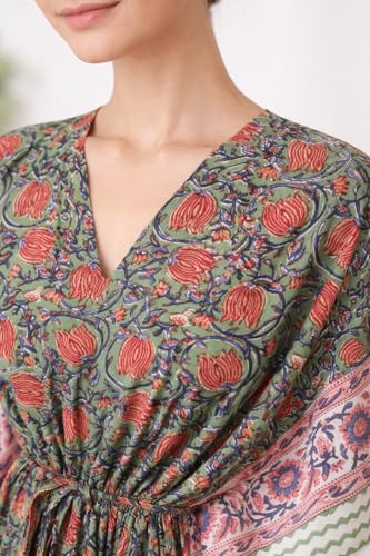 Image of Hand Block Printed Pure Cotton Kaftan for Women, Free Size Relaxed Fit Maxi, Lounge, Nightwear, Beach Cover-Up, Handmade Ethnic Boho Kaftan Dress V-Neck