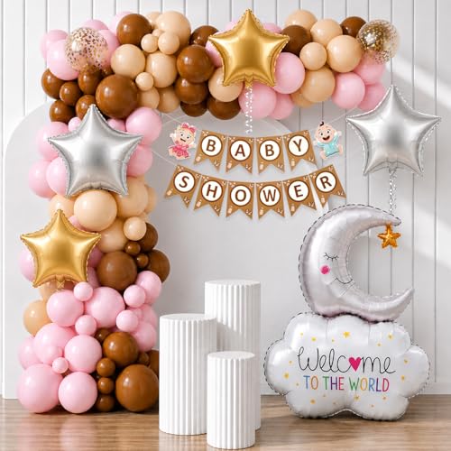 Image of Rozi Decoration Baby Shower Decoration Kit 58 Pieces with Balloon, Banner, Moon & Star Foil, Glue Dots, Pink Brown Beige Latex Balloons for Baby Shower Welcome Princess Party Decoration