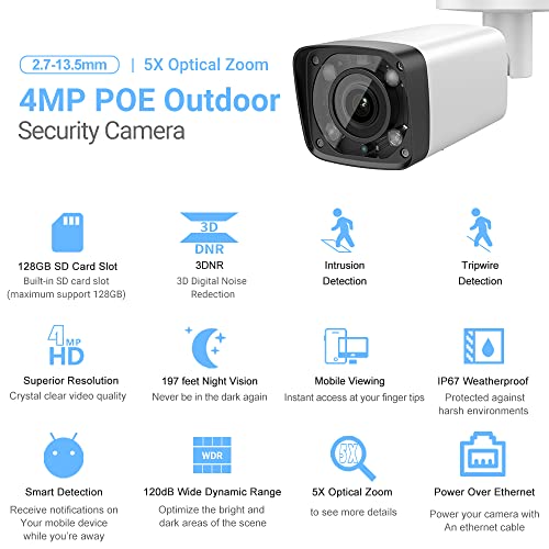 Vikylin Starlight 4Mp Varifocal Poe Ip Bullet Security Camera With 5X Optical Zoom 2.7Mm~13.5Mm Motorized Lens, 197Ft Ir Night Vision,128Gb Sd Card Slot,Ip67 Waterproof Outdoor Surveillance Camera #TOP1