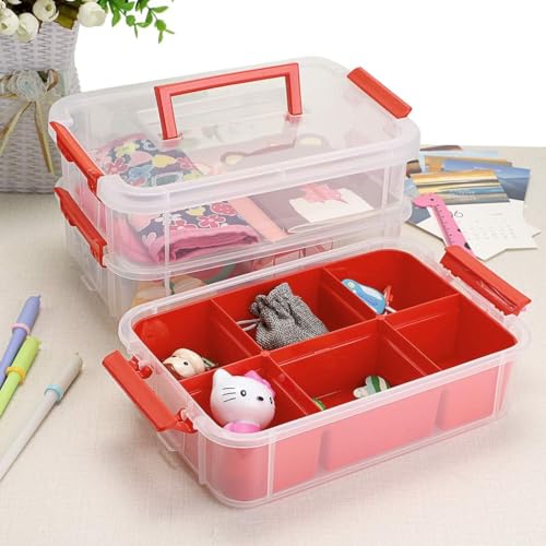 Image of plastic boxes for Storage transparent boxes, Portable & Stackable Space Saving Organiser with Lid for, Jewelry, Arts & Crafts, Buttons, Beads (Red, 2 TIER WITH 1 TRAY)