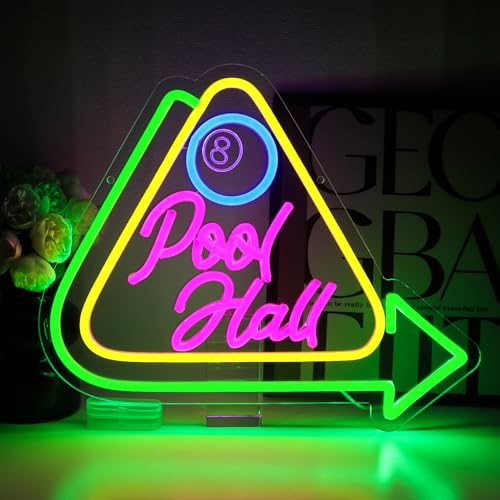 Image of Pool Hall Neon Sign for Wall Decor, Billiards Led Signs for Business, USB Dimmable 15.3 inch x 12.6 inch Neon Lights for Game Room Billiards Hall Garage Bar Club Man Cave Arcade Wall Art