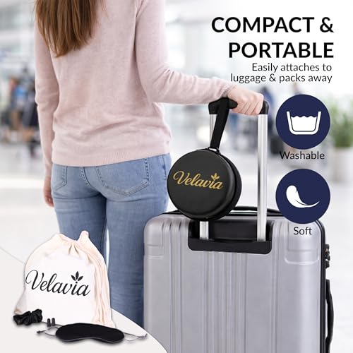 Image of Travel Neck Pillow,Ergonomic 360 Memory Foam Support for Head, Neck. Adjustable for Long Flights. Soft &Washable Cover, EVA Box, 3D Eye Mask, Earplugs, Hair Tie & Luxury Bag (Dark Blue)