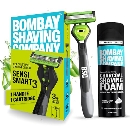 Bombay Shaving Company Sensi Smart 3 Razor and Charcoal Shaving Foam Combo | 3 Blades Shaving Razor For Men | Charcoal Shaving Foam, 50g
