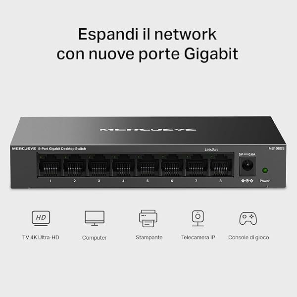 TP-Link Mercusys MS108GS Switch Ethernet 8 Porte Gigabit, Sdoppiatore Ethernet, Switch Gigabit per la Casa e l'Ufficio, Plug - 5
