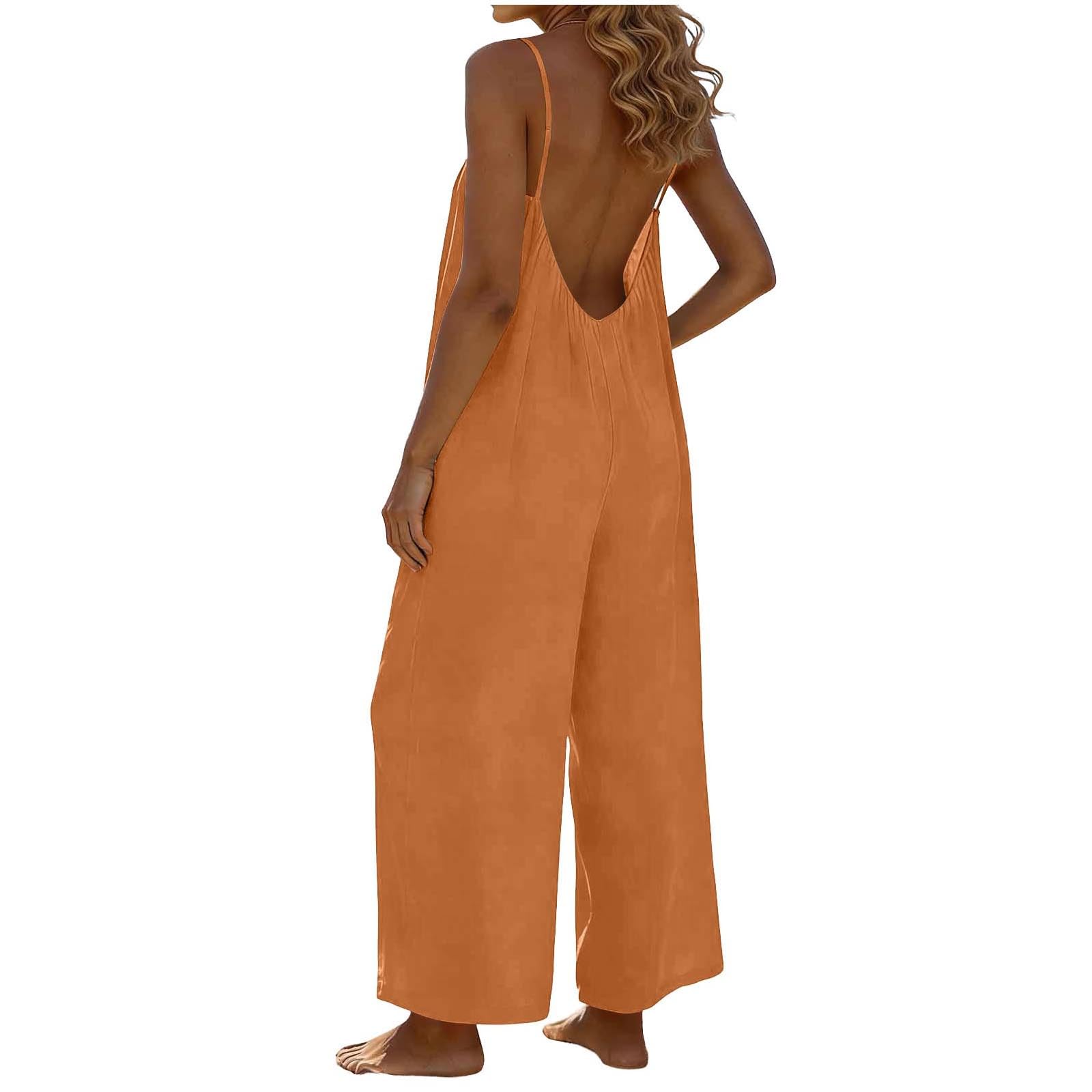 RLEHJN Jumpsuit Damen Sommer,Ärmellos Overall Lang Casual Hosenanzug Sexy V-Ausschnitt Spaghettiträger Romper Loose Fit Playsuit Elegant Einteiler Weites Bein Latzhose Freizeithose mit Taschen