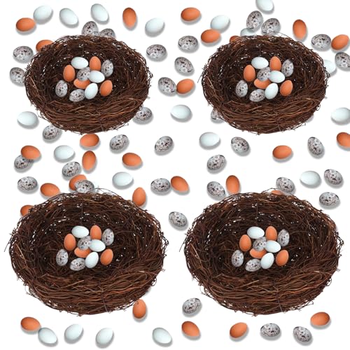 YUEXNKO Nid d'oiseaux Artificiels,4 Pièces Nid d'oiseaux en Rotin + 60 Pièces Mini Oeufs de Pâques,Nid d'Oeuf Pâque,Œufs de Pâques de Nids d'oiseaux pour...