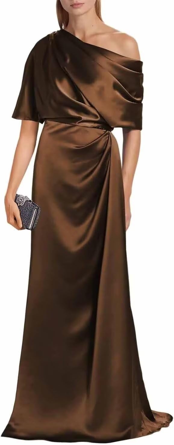 Satin Mother of The Bride Dresses for Wedding One Shoulder Formal Dress with Sleeves Mermaid Evening Party Gowns