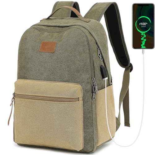 Waterproof Canvas Laptop Backpack with USB, Green-Brown