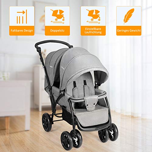 GOPLUS Geschwisterwagen Zwillingswagen, Kinderbuggy Klappbar, Buggy Zwilinge, Kinderwagen Babybuggy, Babywagen Grau, für Babys ab 6 Monate