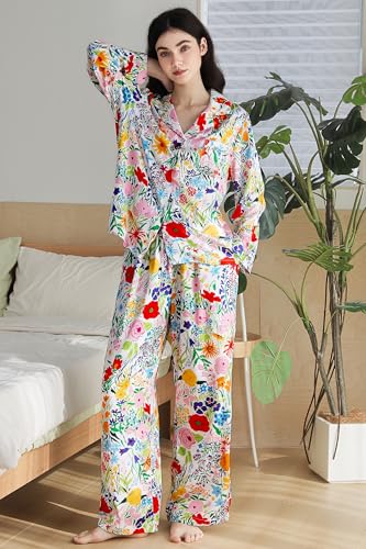Image of YiNi LuLu Womens Silk Satin Pajamas Set Button Down 2 Piece Pjs Long Sleeve Oversized Sleepwear with Pockets