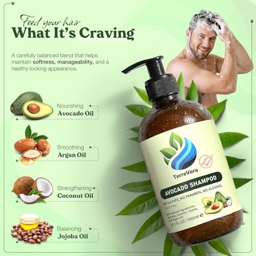 Image of TerreVera Avocado Shampoo, Salon Quality Sulfate Free Shampoo, With Avocado, Argan, Coconut & Jojoba Oils, Hydrating & Strengthening Formula, For Men and Women 16.9 fl oz