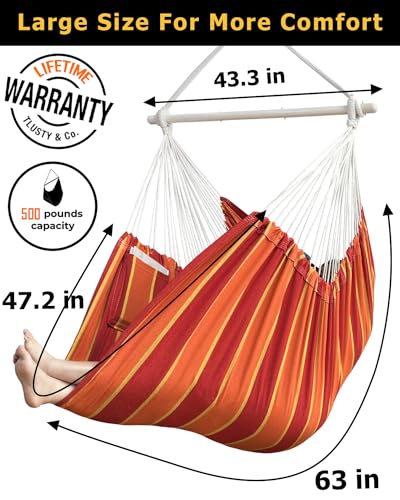 Image of XXL Hammock Chair Hanging Rope Swing with 2 Cushions - Max 500lbs-Perfect for Patio, Porch, Bedroom, Backyard, Indoor or Outdoor - Includes Hanging Hardware Kits