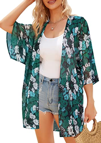 Image of Womens Kimono Cardigan Summer Casual Tops Loose Open Front Spring Cover ups (Green Daisy, M)