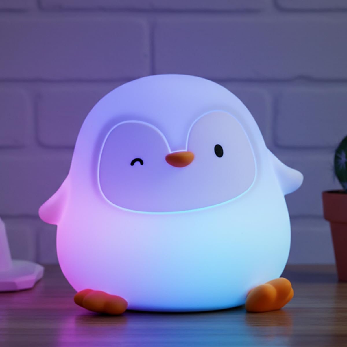 Posshe Girls Red, Green Penguin Night Light With Squishy Soft Silicone, Rgb Flashing Color, Dimmable Rechargeable Portable Touch Penguin Gifts Decor For Boys