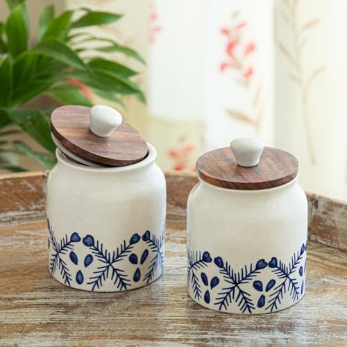 ExclusiveLane 'Royal Mughal' Airtight Ceramic Jars For Kitchen Storage With Wooden Lid Ceramic Containers For Pickle Cookies Sugar Dry Fruits (Set of 2, Airtight, 380 ML, Hand-Painted, 13.4 Cm)