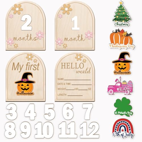 Image of Monthly Baby Milestone Wooden Signs, Double-Sided Bow-Themed Milestone Discs with Hello World & My First Holiday Designs –Cute Baby Announcement Sign & Photoshoot Props for Boys and Girls flower