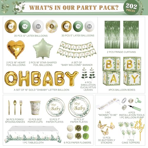 Image of Sage Green Neutral Baby Shower All In One Set - 4 Balloon Boxes, 12 Tableware Sets with Disposable Plates, inchOH BABY inch Balloons, Tablecloth & Cake Toppers
