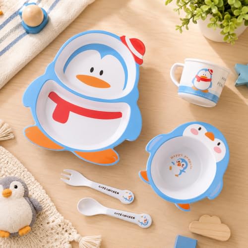 Image of Bamboo Kids Feeding Set of 5 |Kids Crockery Set Tableware |Baby Utensils and Dishes Set | Eco-Friendly |Organic & Natural (Paddy- The Penguin)