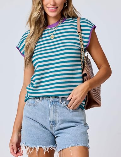 Image of Bozanly Womens Crewneck Striped Knit T Shirts Casual Spring Summer Cap Sleeve Sweater Tank Top 2025(0952-BlueStripe-XL)