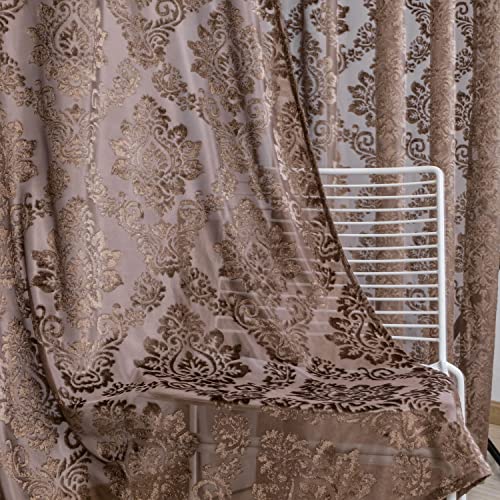 Decoridea Grommet Damask Velvet Semi Sheer Window Curtain Panel - Classy Elegant Textured Vintage Curtain For Living Room Bedroom Curtain Panel Drapes, 2 Panels (Damask Mocha, W52 X H108 Inches) #TOP1
