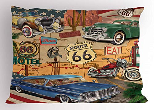 Lunarable Route 66 Pillow Sham, Old Fashioned Cars Motorcycle on a Map Road Trip Journey American USA Concept, Decorative Standard King Size Printed Pillowcase, 36