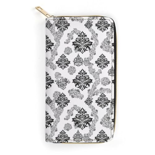 Leather Wallets for Men Women, Slim Credit Card Holder Compartment, Multi-Layer Inner Zip Antique Classical Damask Flowers Pattern Traditional Artwork Wallet