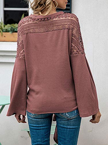 Eastdall Nó Frontal,Camisa feminina de malha cardigã waffle oco com gravata nó manga larga com decot