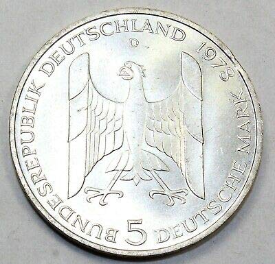 1978 5 German Mark Silver Commemorative Coin. 100th birthday of Gustav Stresemann. He In 1920's Fought For Liberal Democracy And Was Defender Of Weimar Republic. Deutsche Mark . Circulated Graded by Seller