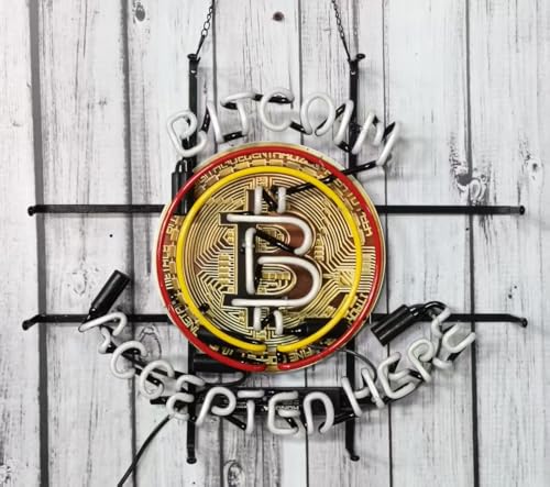 Image of Handmade Real Glass Neon Tube Wall Decor 24x20 Inches, Compatible For Bitcoin Accepted Here Neon Sign, Beer Light Sign for Man Cave Pub Store Restaurant