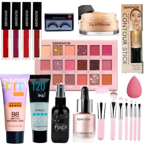 Image of BBMENOW Professional Full Face Makeup Mega Combo Kit for Women with Eyeshadow Palette, Liquid Matte Lipsticks, Foundation, Primer, Face Powder, Makeup Fixer, Illuminator, Contour Stick, False Lashes, Beauty Blender & Makeup Brush Set