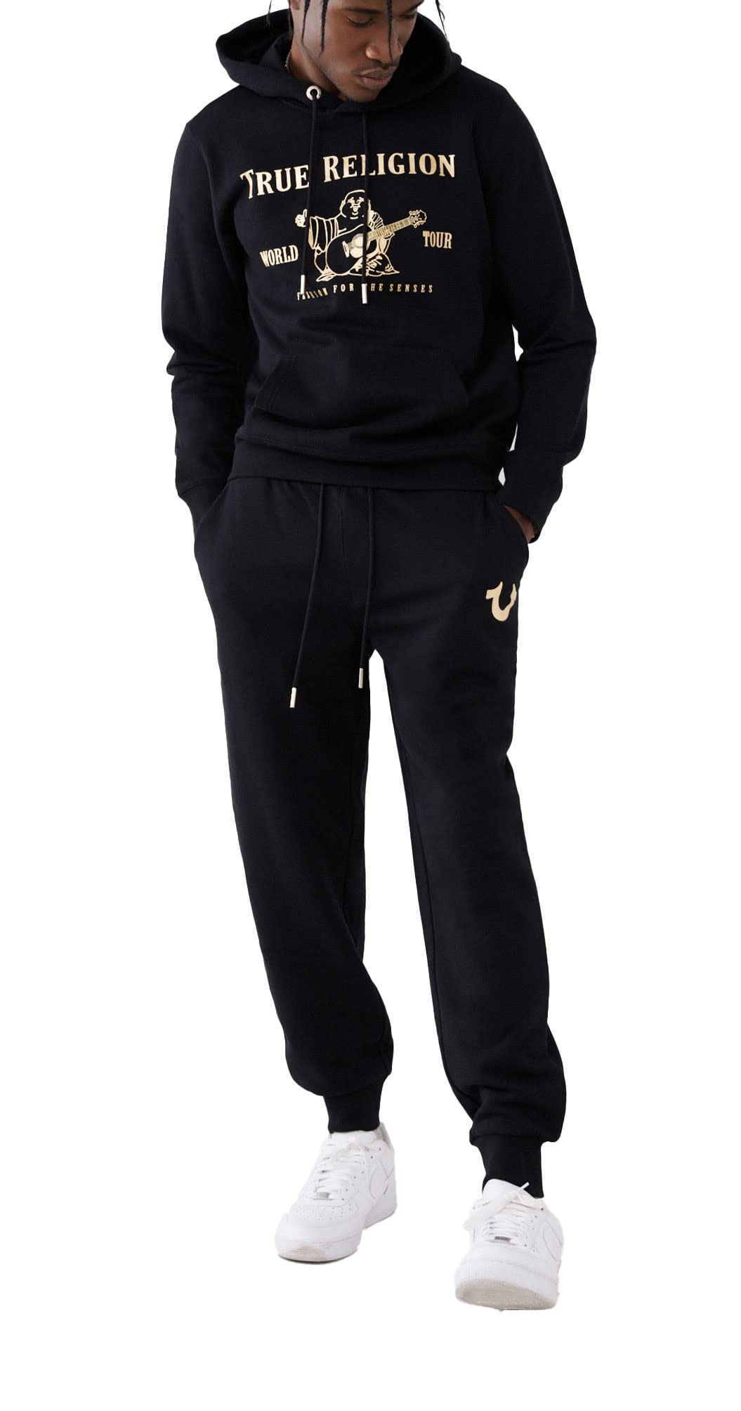 True Religion Męska metaliczna bluza z kapturem Budda polar bluza z kapturem, Czarny, L