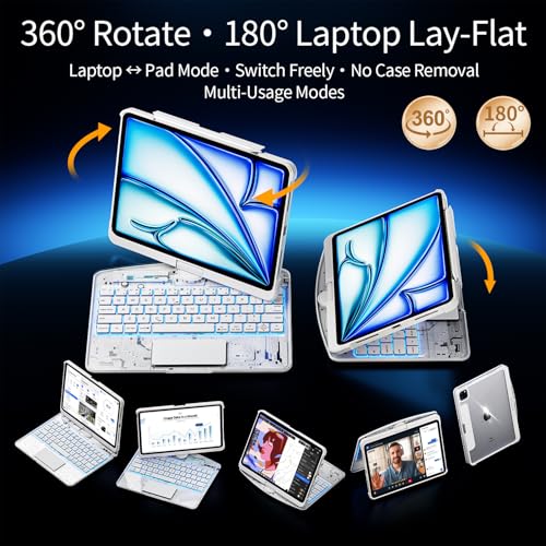 Image of Transparent Keyboard Case for iPad Pro 11 Inch (M5 2025 /M4 2024) with Multi-Touch Trackpad, 360 Rotating Stand, 7-Color 3-Level Backlit, Wireless Bluetooth, Pencil Holder,White