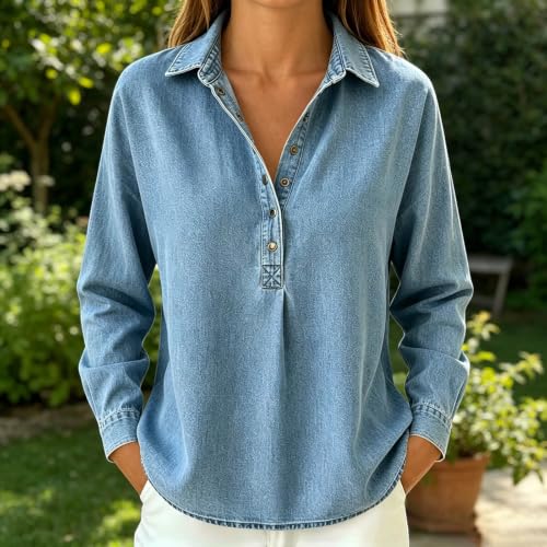 Denim Shirt Women Button Down Lightweight Long Sleeve Collared Jean Shirt - image 2