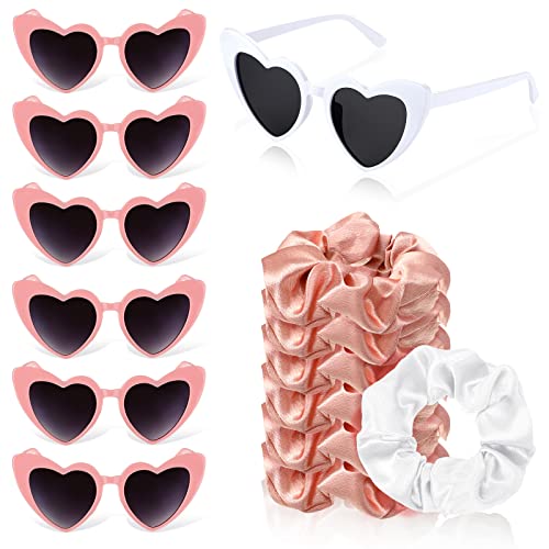 Flutesan 7 Pairs Bridesmaid Heart Sunglasses 7 Pcs Satin Scrunchies Hair Ties for Women Wedding Bachelorette Black White Party Favors