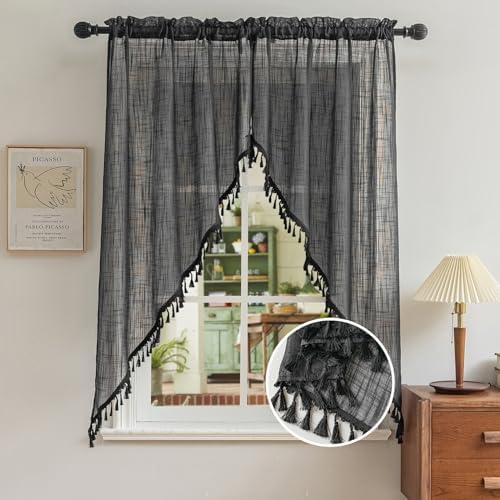 Beda Home Tassel Linen Textured Swag Curtain Valance for Farmhouses' Kitchen; Light Filtering Rustic Short Swag Topper for Small Windows Bedroom Privacy Added Rod Pocket Design (36W x 63L, Black)
