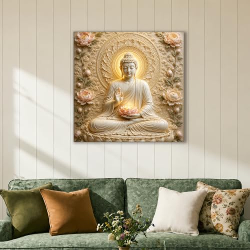 Image of PAINTINGMANTRA Lotus Buddha Painting for Living Room, Buddha wall Decor for living room, Bedroom, office and Meditation Room, Canvas, 22x22 Inch