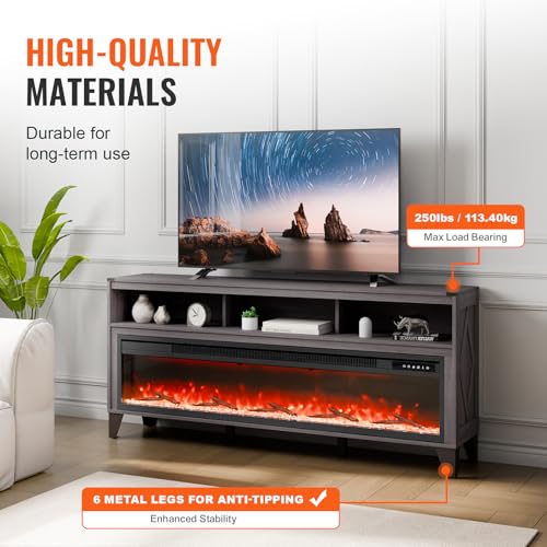 Image of VEVOR 80 inch Fireplace TV Stand, Media Storage Corner with 60 inch Fireplace, Storage Drawers & Cabinets, Industrial Style TV Console Table with 20 Flames, Remote Control & Timer for Living Room, Black