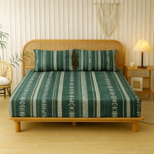 Image of Designer Floral Printed Flat Bedsheet for Double Bed 200tc to 220tc | Ultra Soft Cotton Fabric | King /Queen Size Top Sheet with 2 Matching Pillow Covers - 228 x 228 Cm, Teal Green
