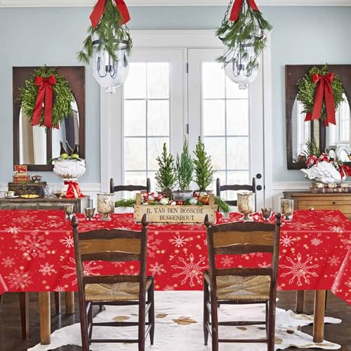 3 Pcs Christmas Snowflake Tablecloth,Red Snowflake Rectangular Plastic Waterproof Table Cover for Winter Holiday Party,Xmas,Birthday Decorations(54 x 108 Inches) – Image 7