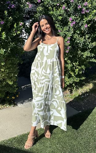 Image of ECOWISH Women Sleeveless Maxi Dress: Summer Spaghetti Strap Casual Loose Boho Beach Dress Asymmetric Tiered Flowy Long Dress